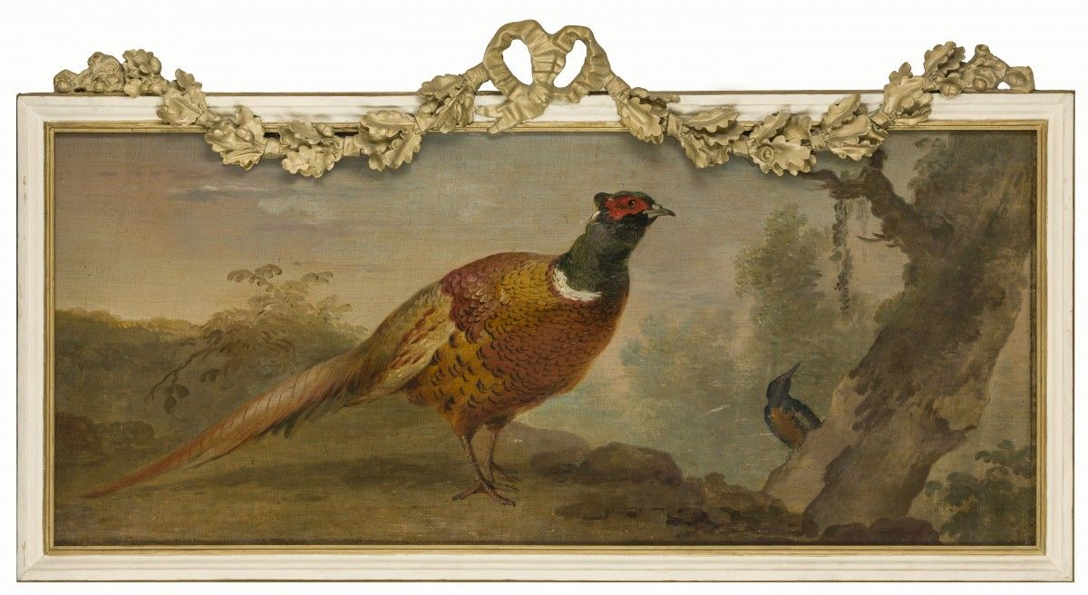 A dessus porte depicting a pheasant and a kingfisher. Huile sur toile, 19e. C. D&hellip;