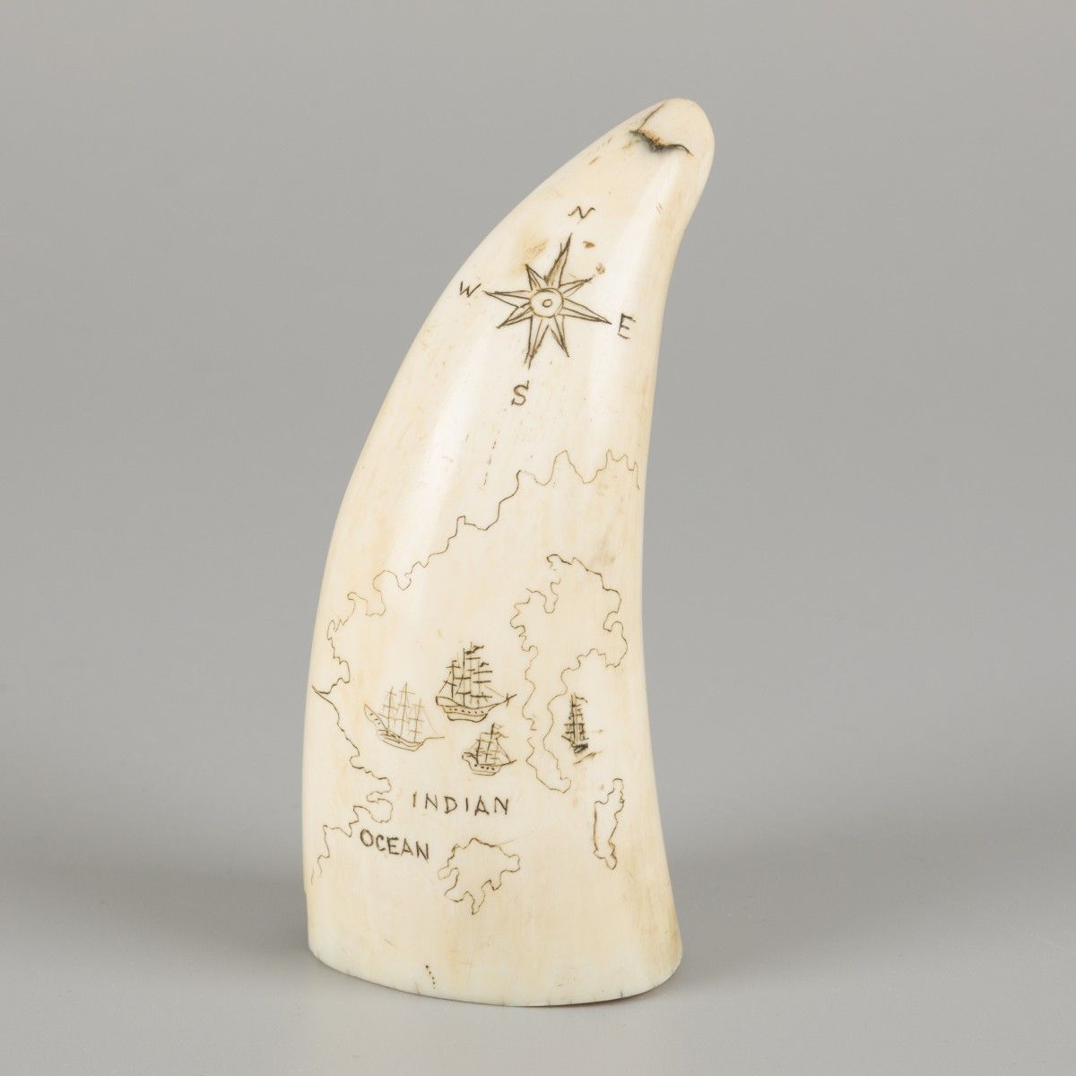 Scrimshawed sperm whale tooth from its lower jaw, marine-ivory, 19th century. In&hellip;