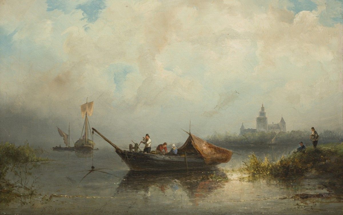 Nicolaas Riegen (Amsterdam 1827 - 1889), Eal fischers. 签名（左下角，布面油画。Dim.31 x 47.5&hellip;