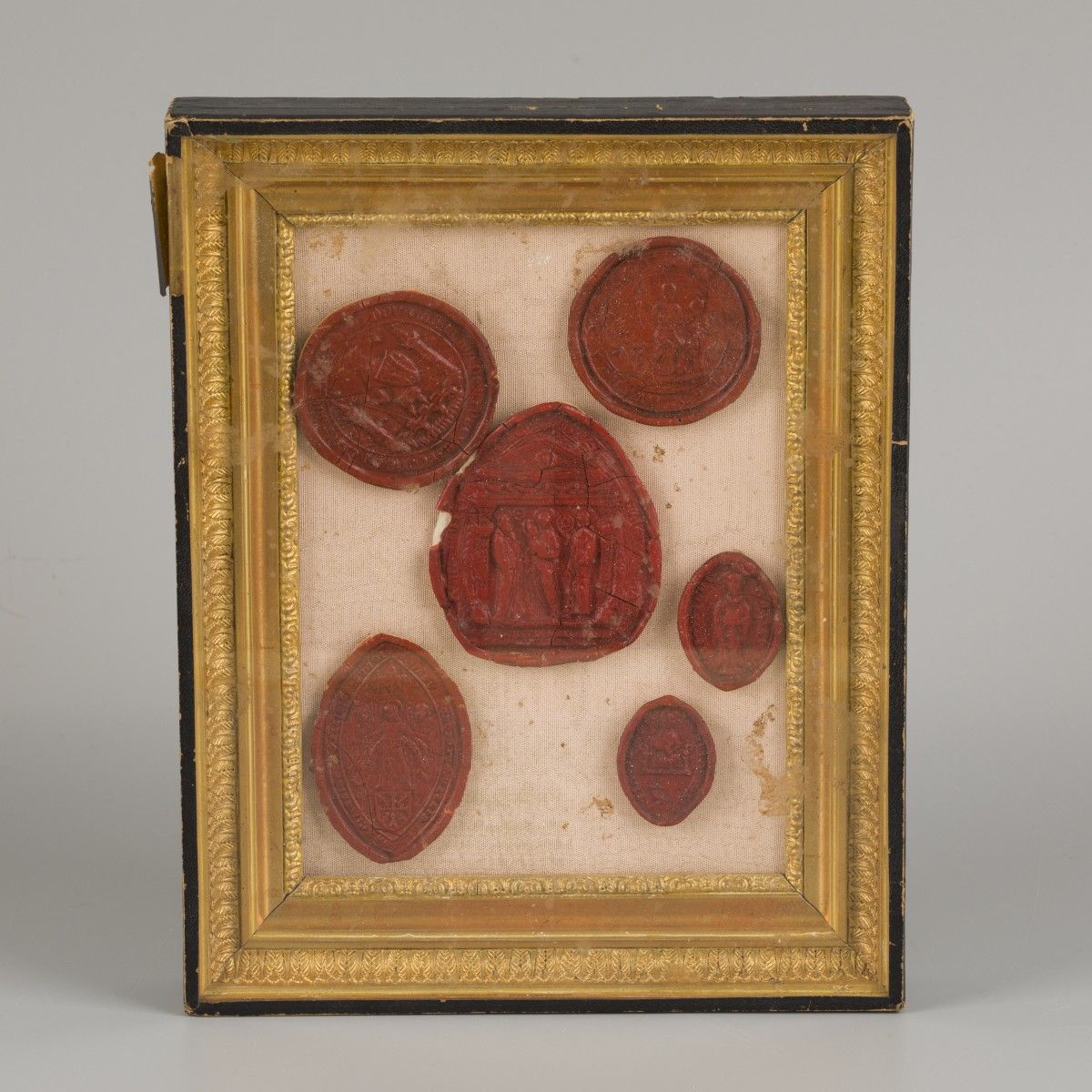 A set of (6) various laquer wax seals in Empire-style frame, France, 19th centur&hellip;