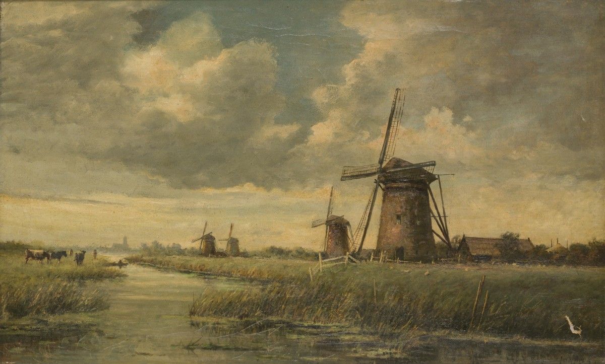 Jur. M. Beek (Arnhem 1879 - 1965 Den Haag), Windmills in a polder landscape. ("M&hellip;