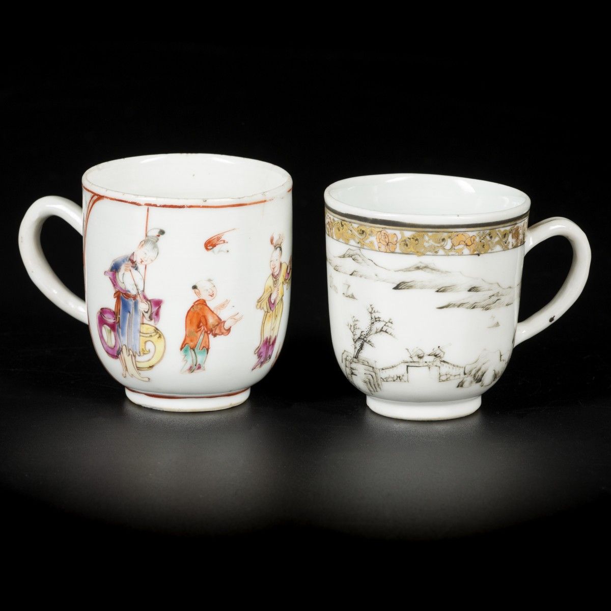 A lot comprising (2) porcelain cups with handle, with grisaille landscape and fi&hellip;
