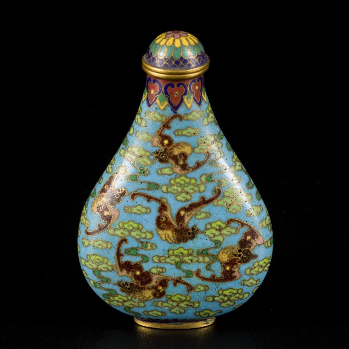 A cloisonne snuff bottle decorated with bats and clouds, marked Qinglong, China,&hellip;