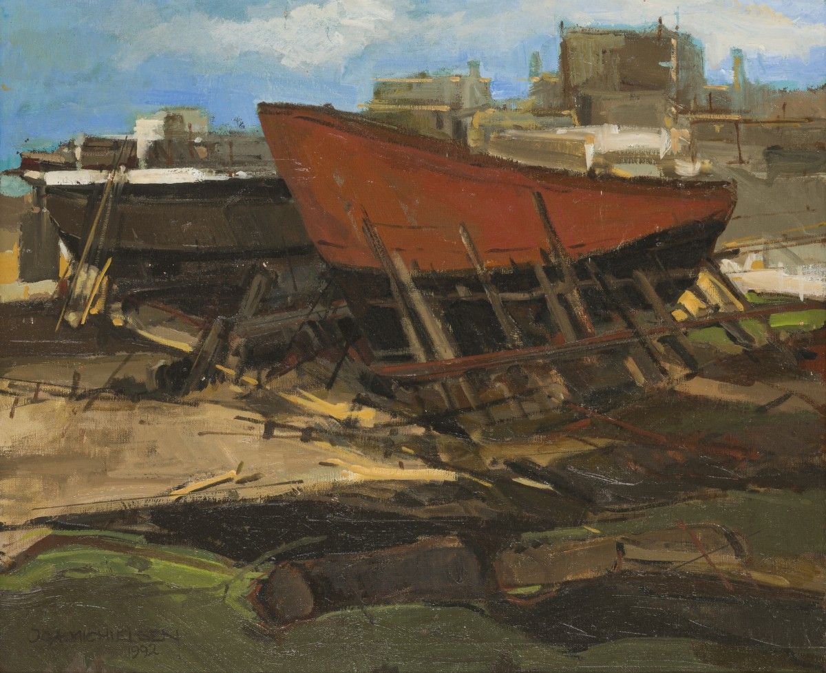 Jan Michielsen (Breda 1939 – 2010), A slipway with ships hulls. . Signed, and da&hellip;