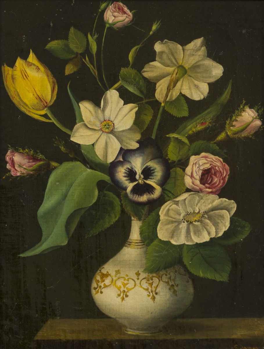 Dutch School, ca. 1830, A still life with flowers in a vase. 署名 "G. Jamar"（右下），布&hellip;