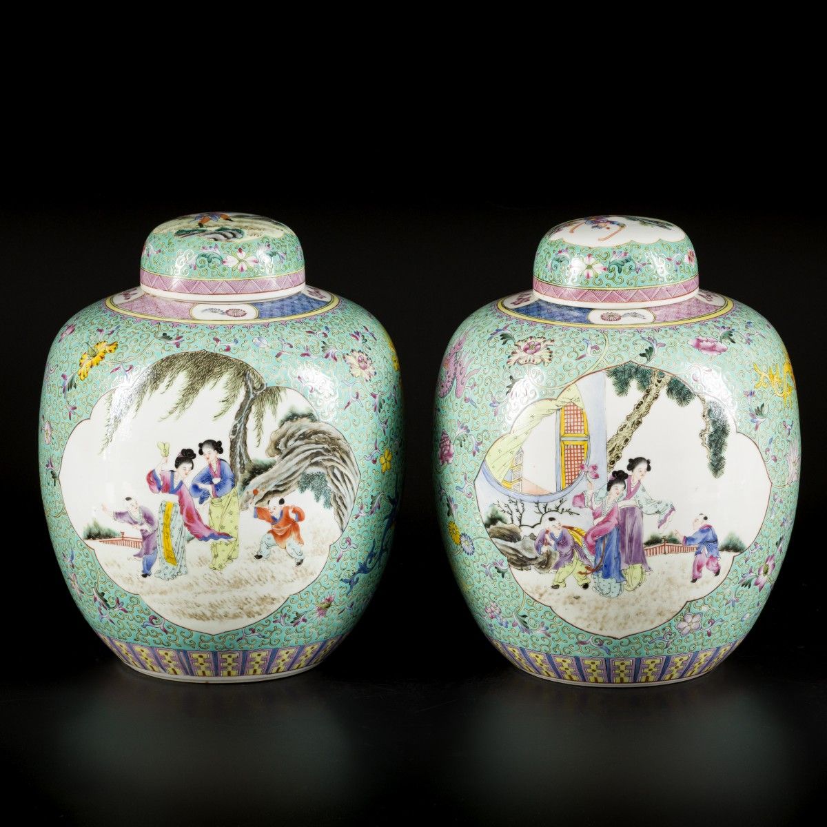 A set of (2) porcelain lidded jars with famille rose decoration, marked Guangxu,&hellip;