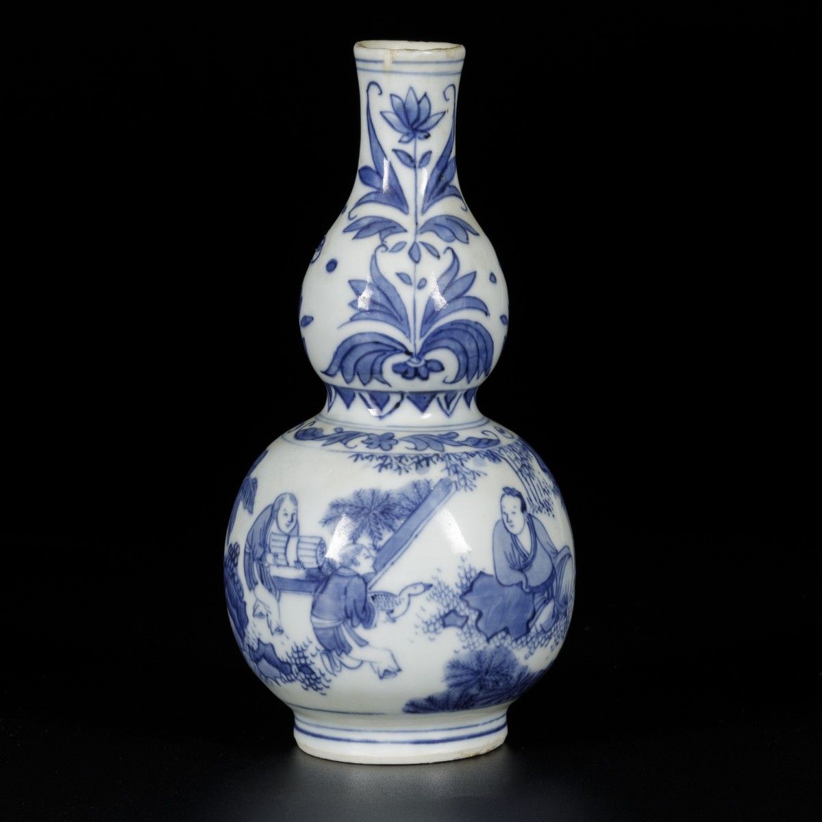 A porcelain gourd-shaped vase with decor of figures in garden and tulips, China,&hellip;