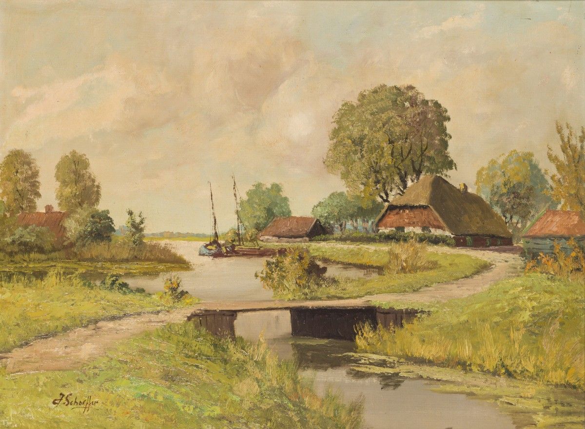Jan Schaeffer (Rotterdam 1923 - 2018), A river landscape with farmhouses. Signé &hellip;