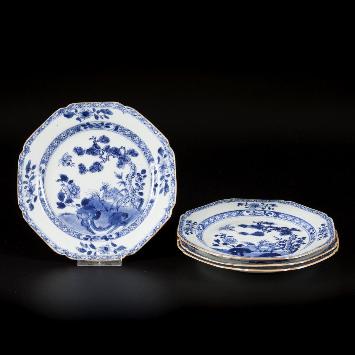 A set of (4) porcelain angled plates with pine tree and deer decor, China, 18th &hellip;