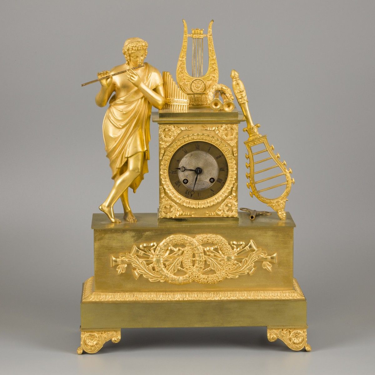 A large fire-gilt bronze Charles X mantle clock with Orpheus and his lyre, Frank&hellip;