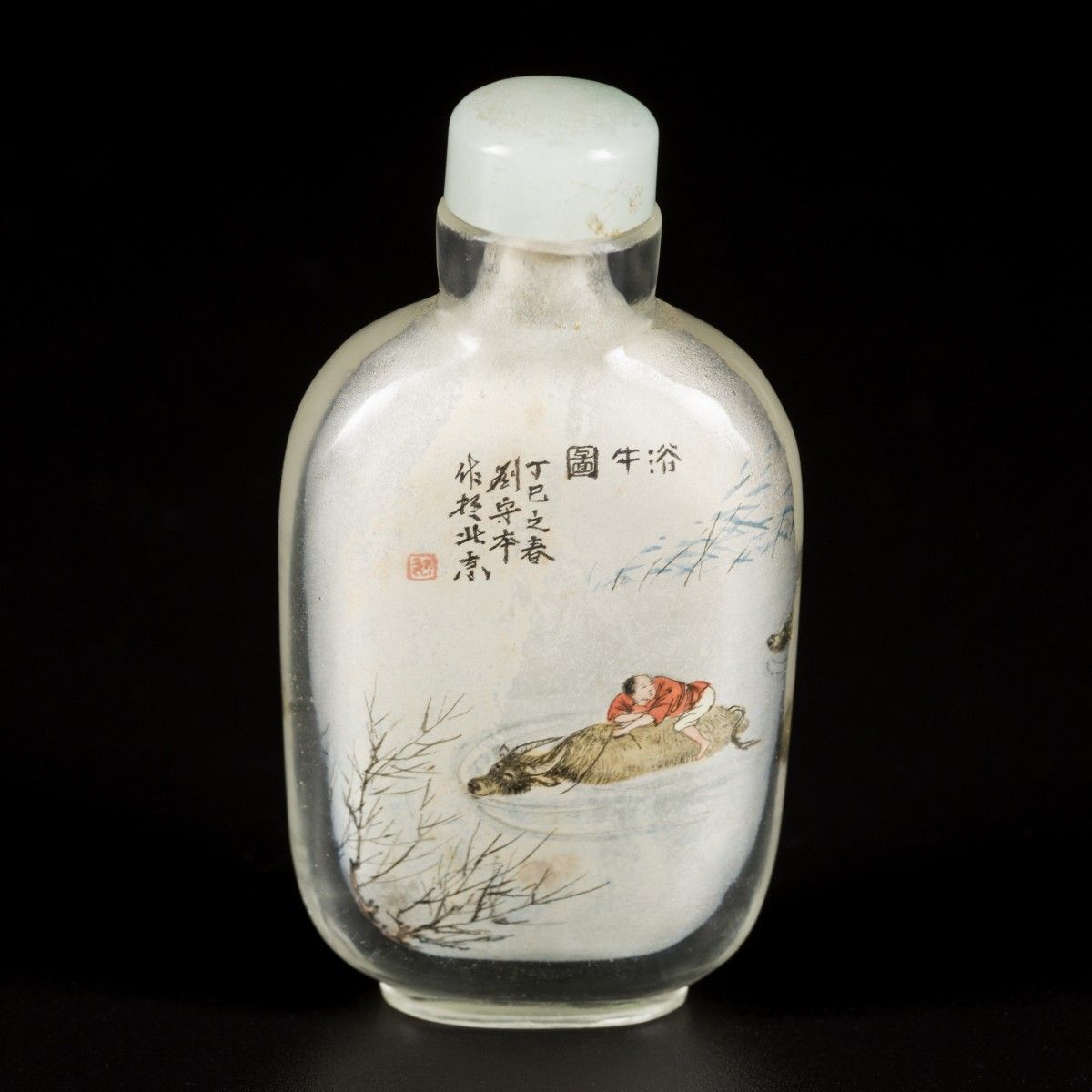 A glass snuff bottle decorated with an oss and figures, poem and master's mark, &hellip;