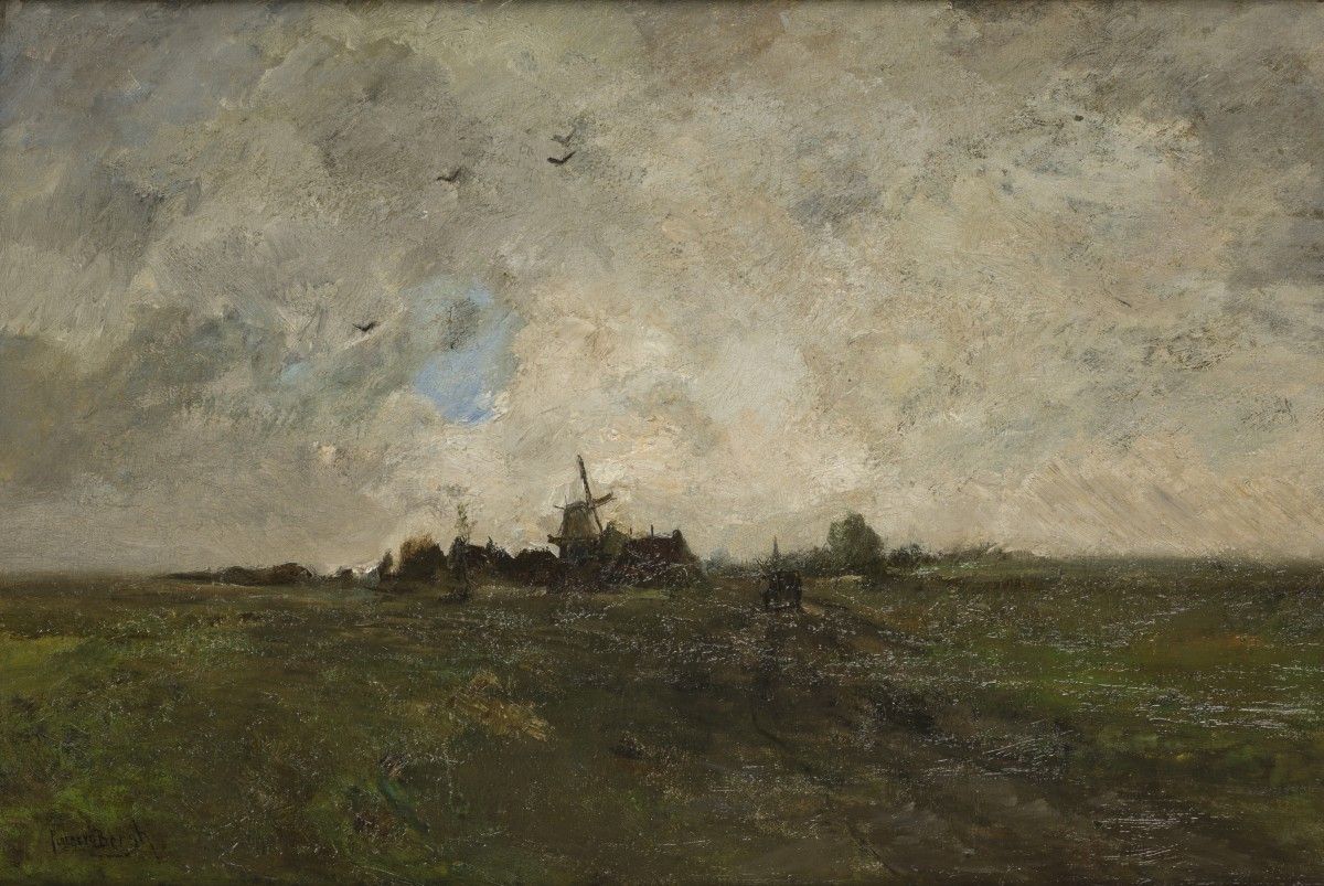 "Pieter" Annanius van den Berg (Den Haag 1865 - 1950) - Mill underneath a cloudy&hellip;