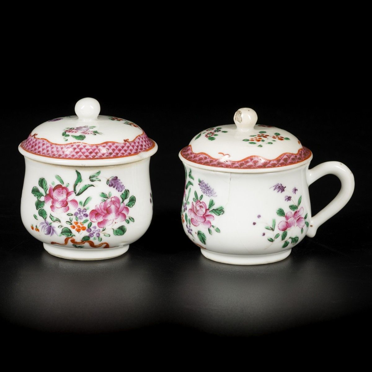 A set of (2) porcelain famille rose soup cups with handle and lid, China, 18th c&hellip;