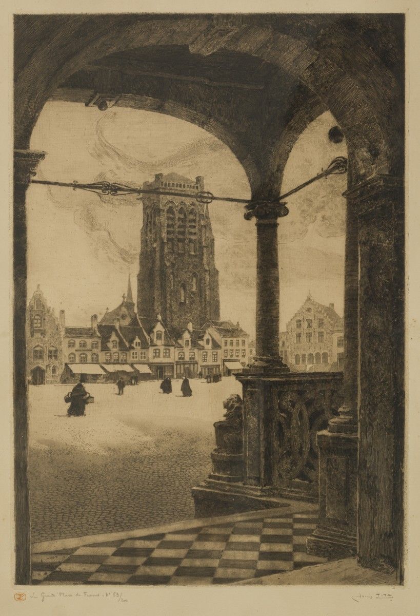 Belgian School, 19th century. 带有教堂塔楼的城市广场景色，签名（右下），并注有标题，编号为 "53/200"（左下），暗淡的蚀刻画&hellip;
