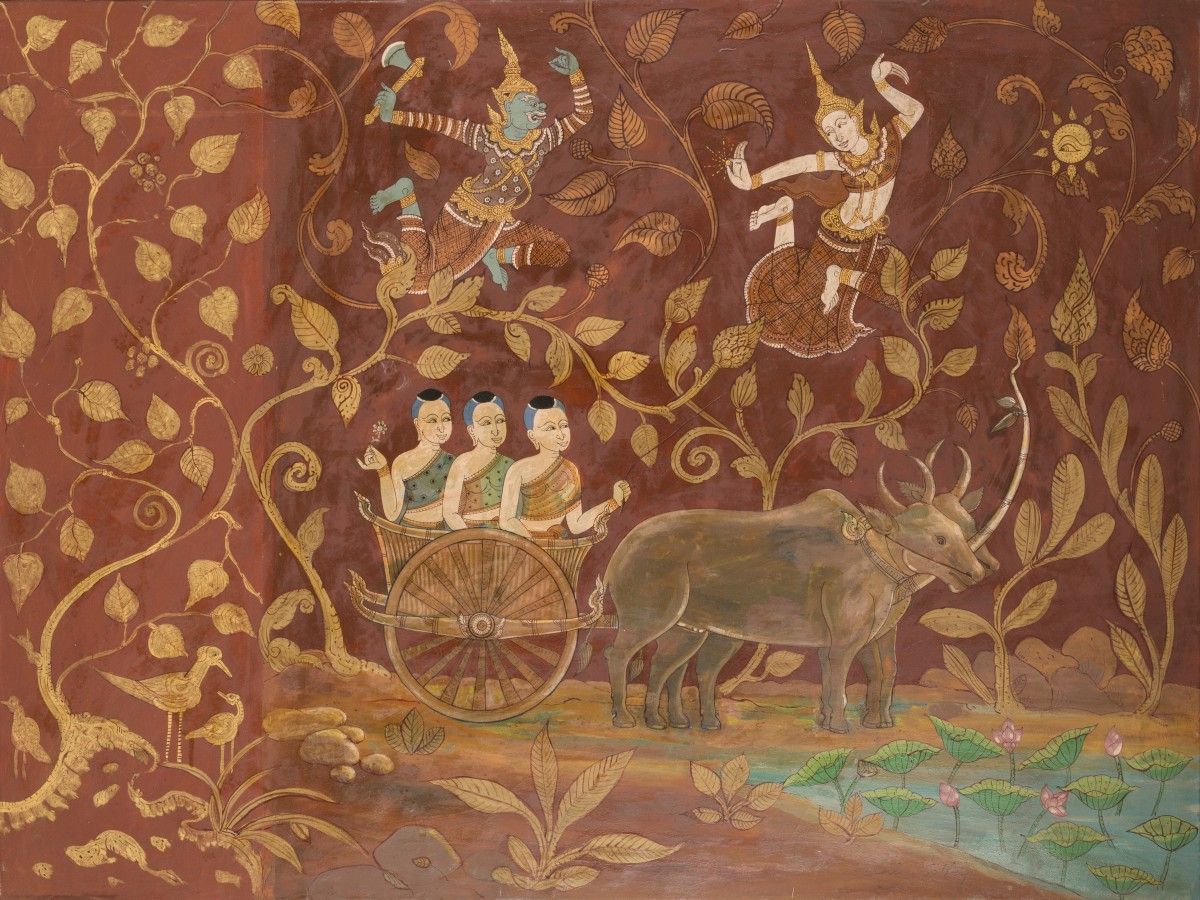 School of Laos, 20th C. Mythological scene with combattant Gods in a landscape. &hellip;
