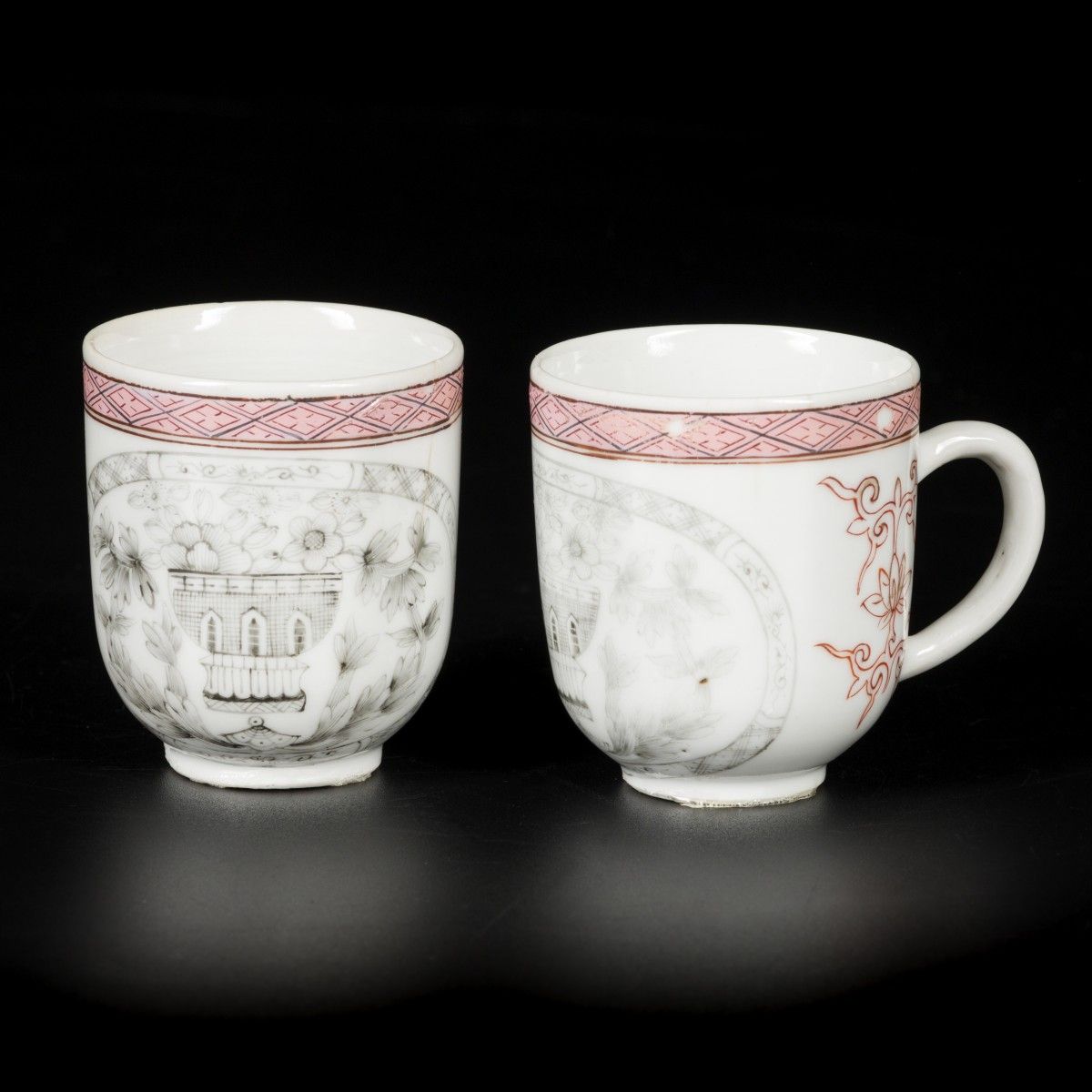 A lot comprised of (2) porcelain famille rose cups with handle, with grisaille B&hellip;