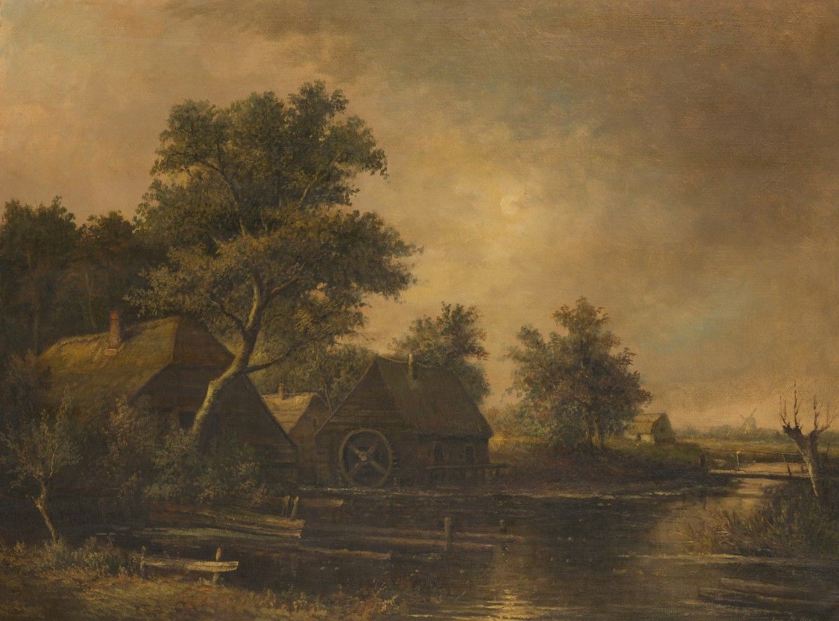 Jur. M. Beek (Arnhem 1879 - 1965 Den Haag), A watermill along a river. Signed (l&hellip;