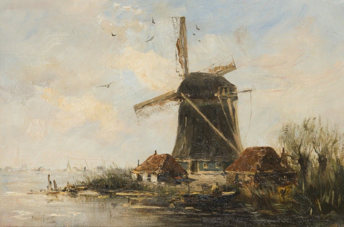 Hobbe Smith (Witmarsum 1862 - 1942 Amsterdam), A windmill on the waterfront. Sig&hellip;