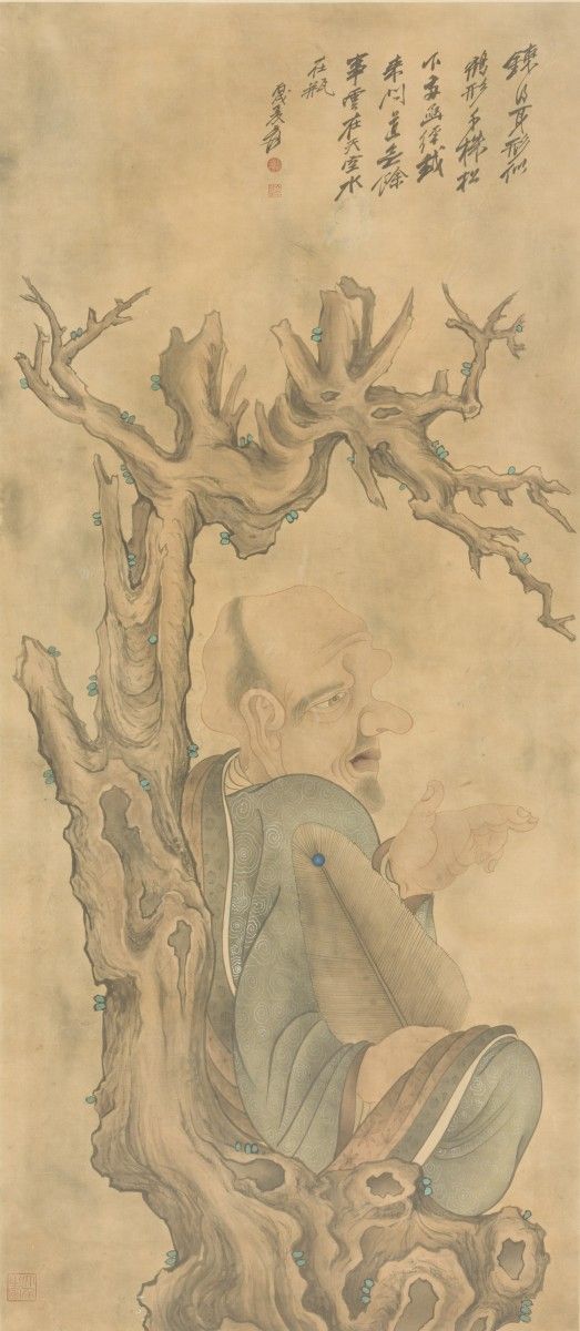 A Chinese print of a scribe under a tree, ca. 1900. Abmessung: 120 x 53 cm. Schä&hellip;