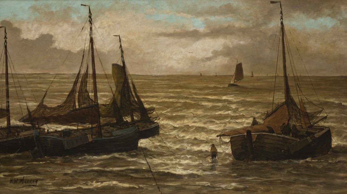 Attributed to H.W. Mesdag (Groningen 1831 - 1915 The Hague), Fishing Smacks ridi&hellip;
