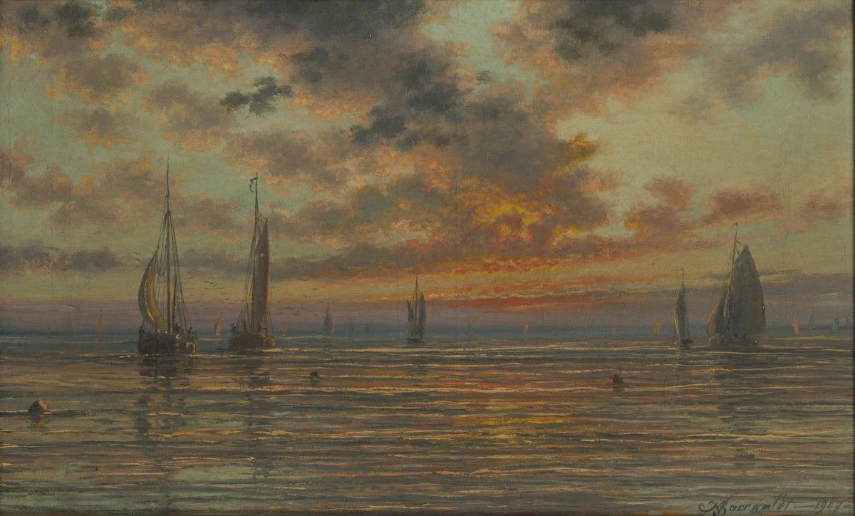 Karel Johan Baerwaldt (Belgian 1862-1922) - Incoming fishing pinks at dusk - Le &hellip;