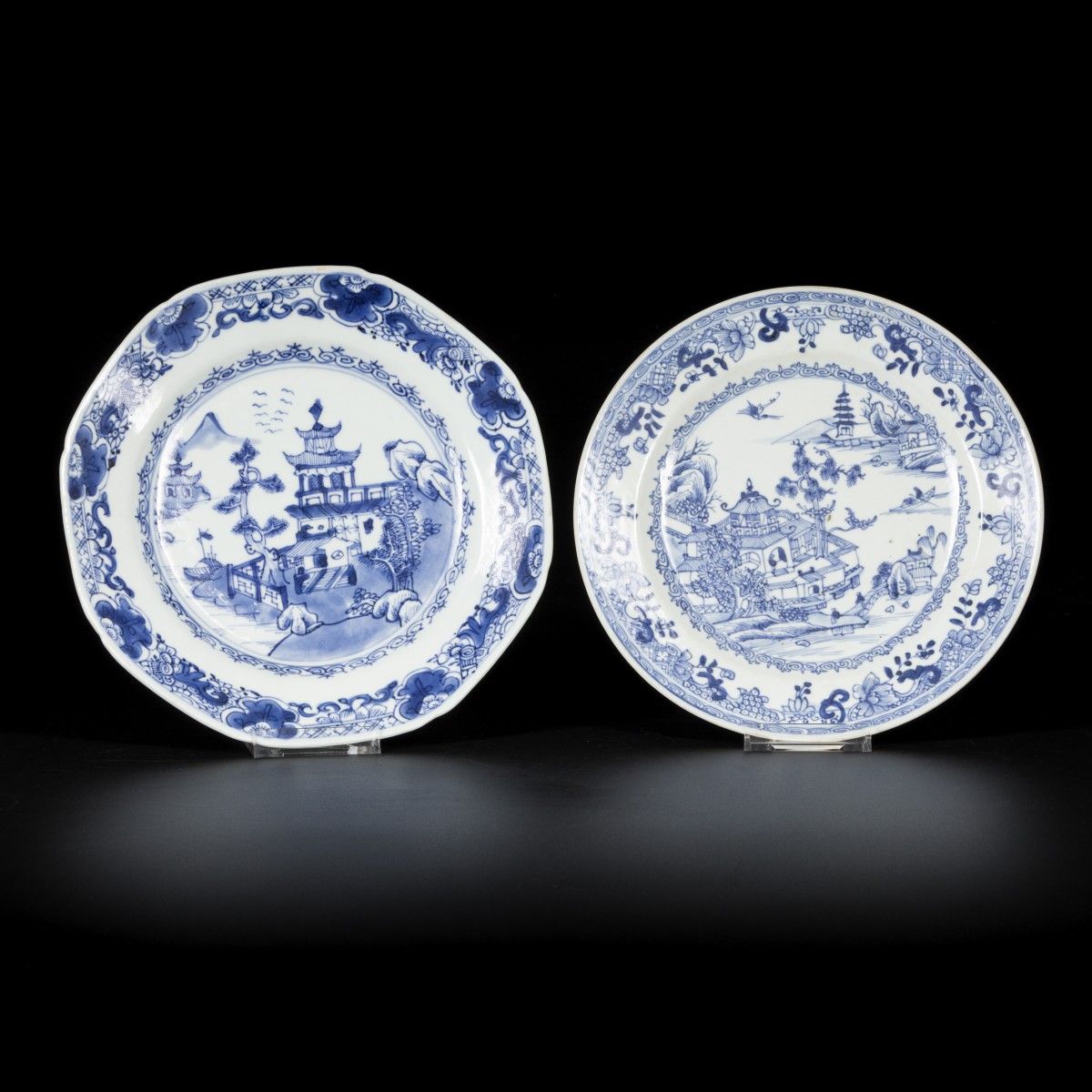 A lot comprised of (2) porcelain plates with river/pagoda decor, China, 18th cen&hellip;