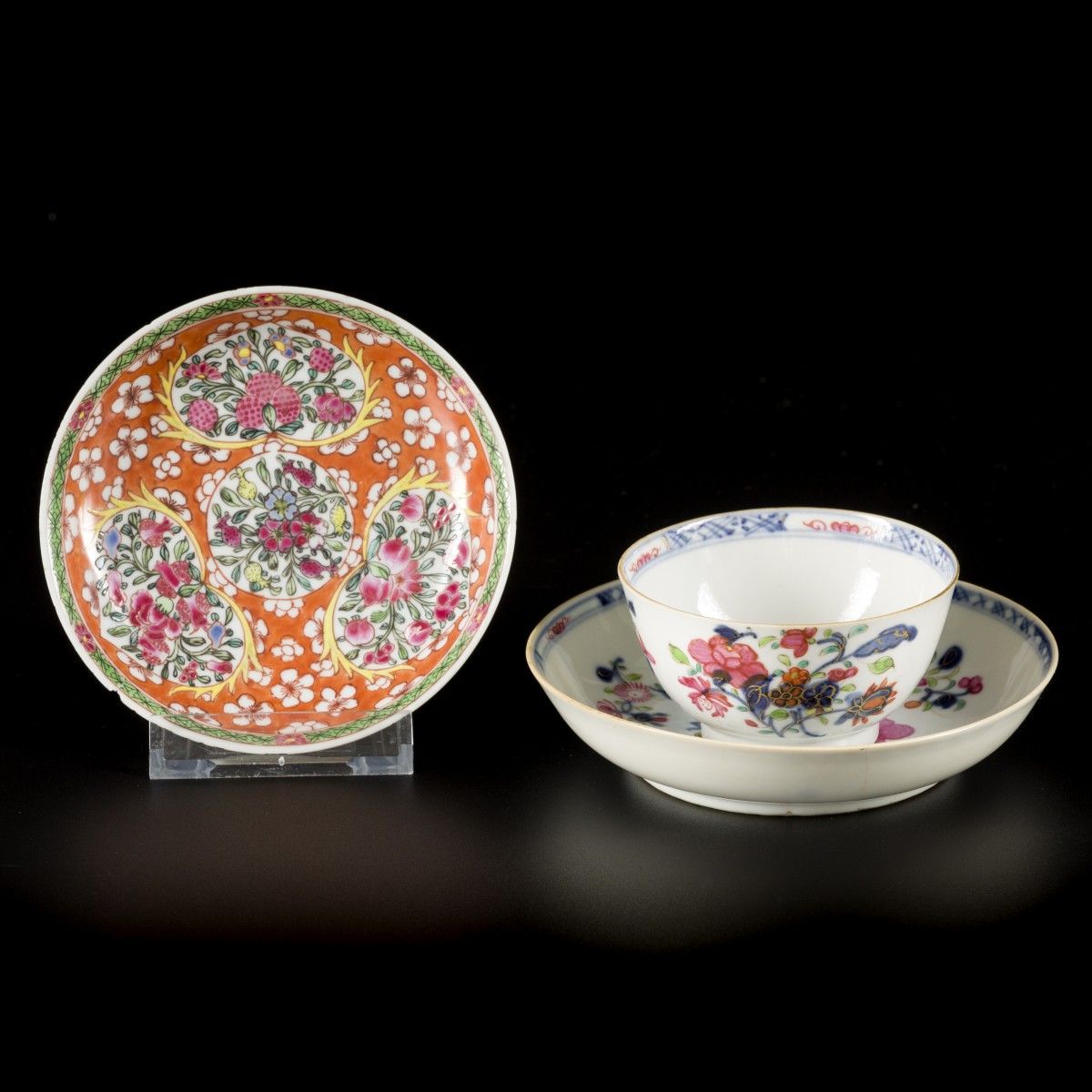 A porcelain cup and saucer, all with famille rose decoration, China, 18th centur&hellip;
