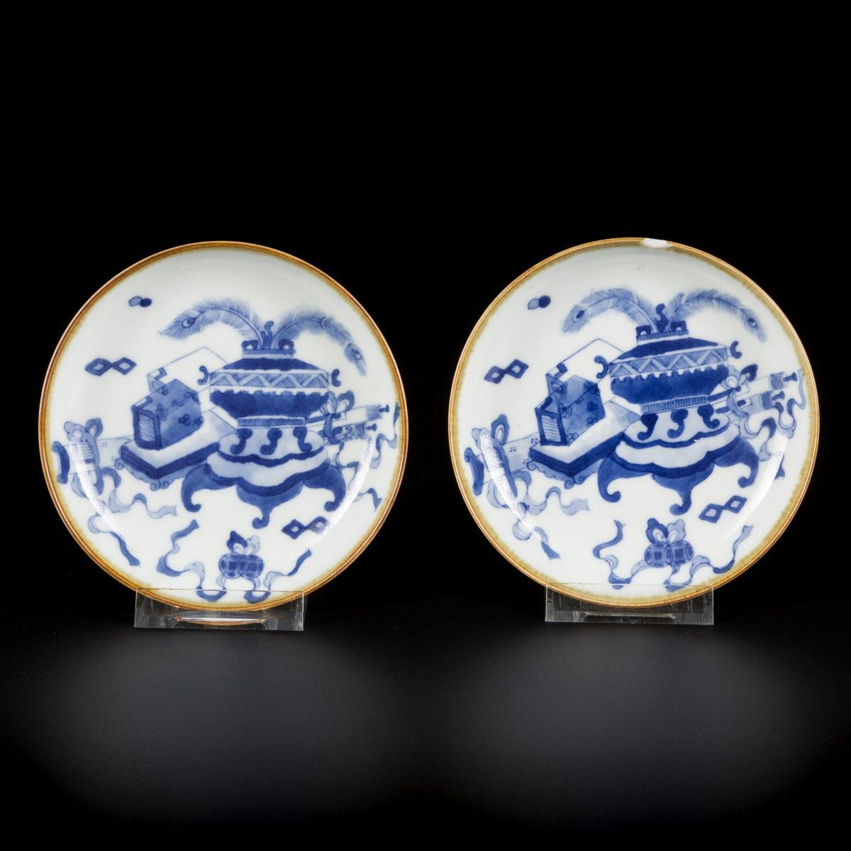 A set of (2) small porcelain saucers decorated with antiquities, marked Lingzhi,&hellip;