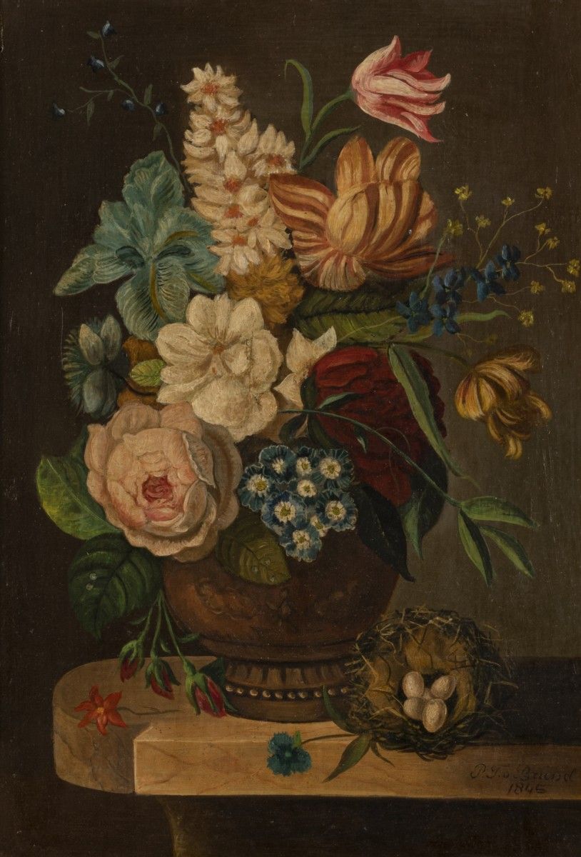 Bears signature "P.T. Van Brussel", A still life with flowers on a marble plinth&hellip;