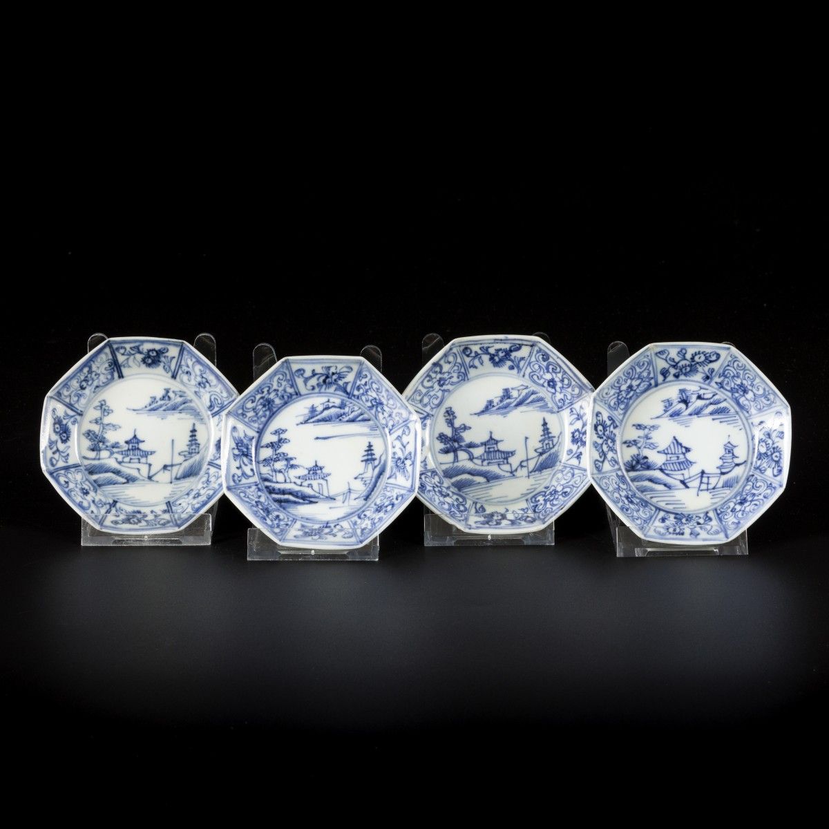 A lot comprised of (4) porcelain octagonal dishes with landscape decor, China, 1&hellip;
