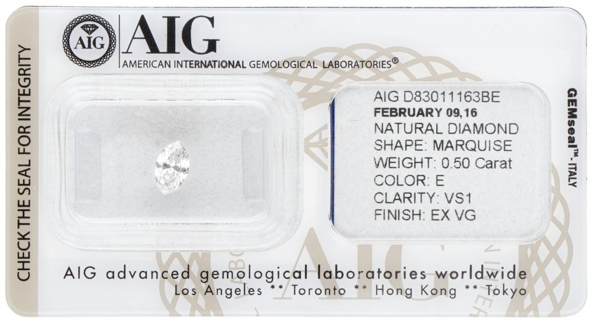 AIG Certified Marquise Cut Natural Diamond 0.50 ct. Gewicht: 0,50 ct (4,23 x 7,1&hellip;