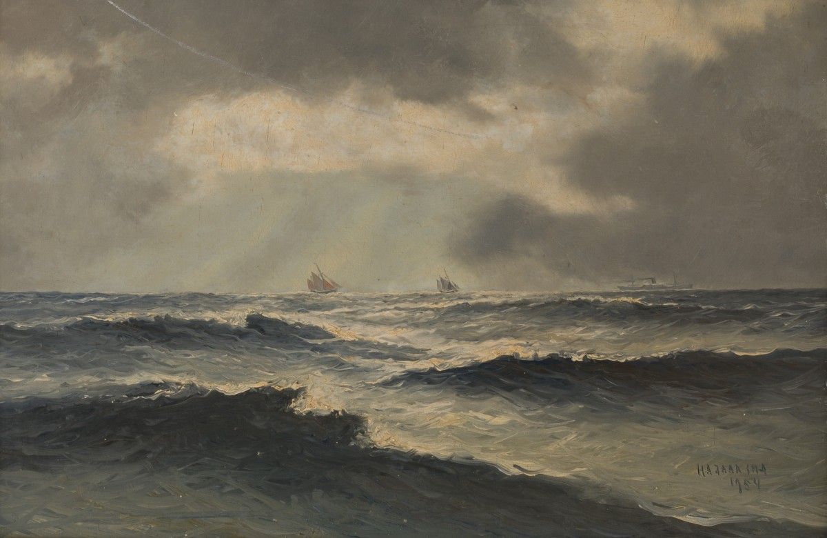 Haaike Abraham Jaarsma (Bussum 1881 - 1970), Seascape with shipping on the horiz&hellip;