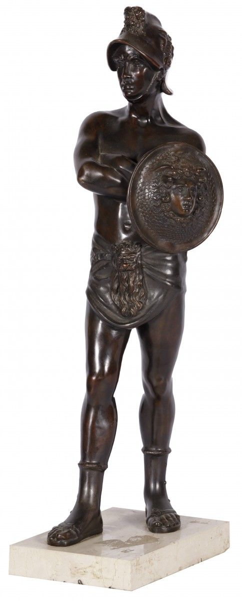 A bronze sculpture depicting Perseus, 1st half 20th century. With helmet, Medusa&hellip;