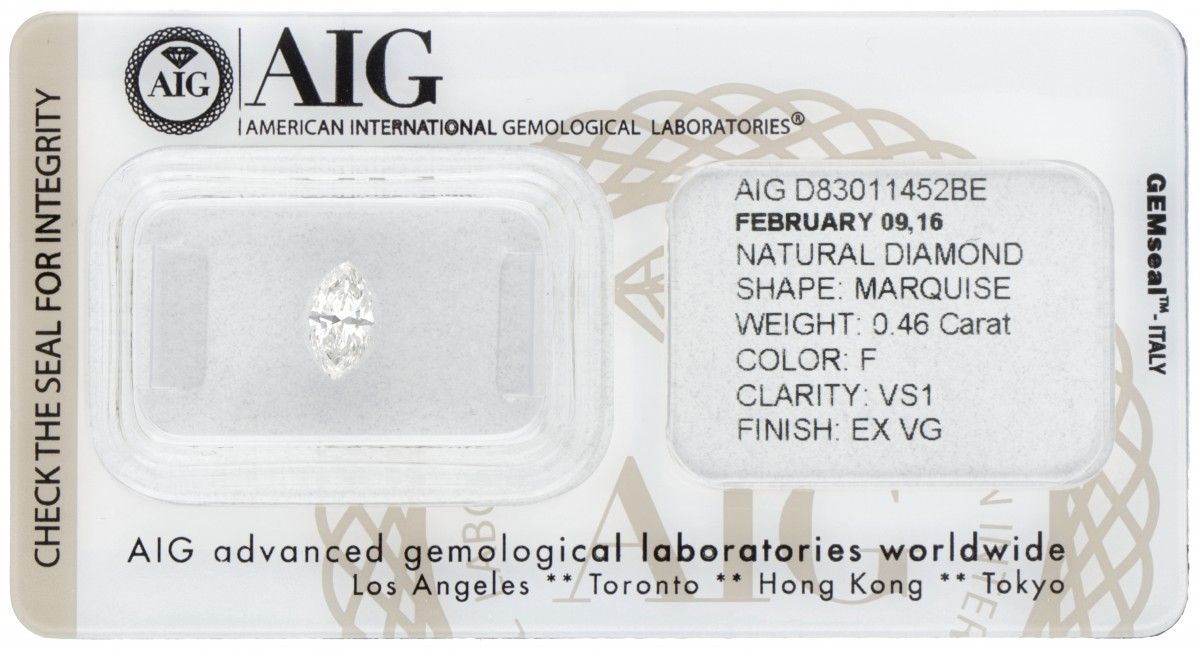 AIG Certified Marquise Cut Natural Diamond 0.46 ct. 重量：0.46克拉（4.19 x 7.52 x 2.55&hellip;