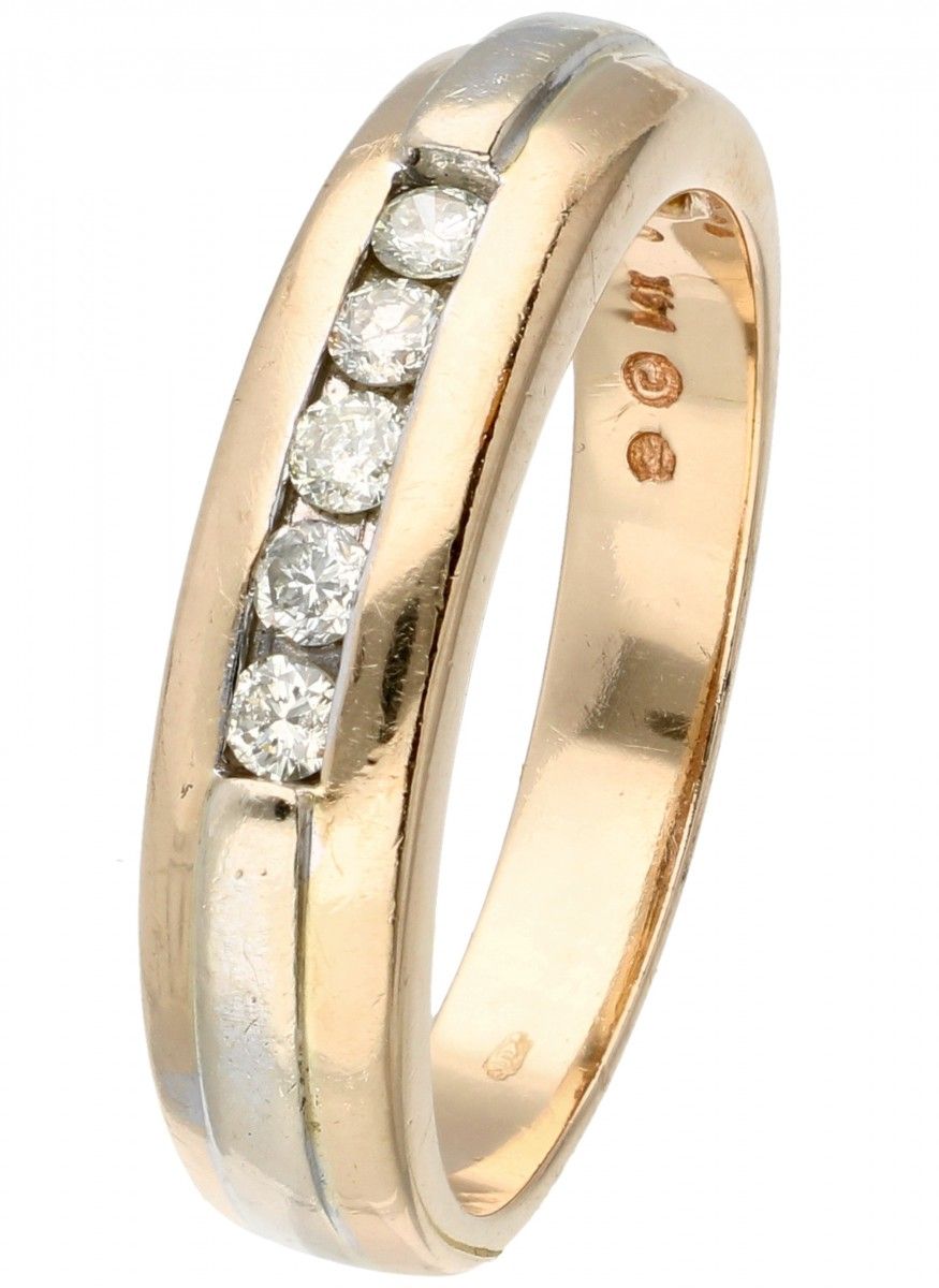 14K. Bicolor gold ring set with approx. 0.15 ct. Diamond. 5 diamantes de talla b&hellip;