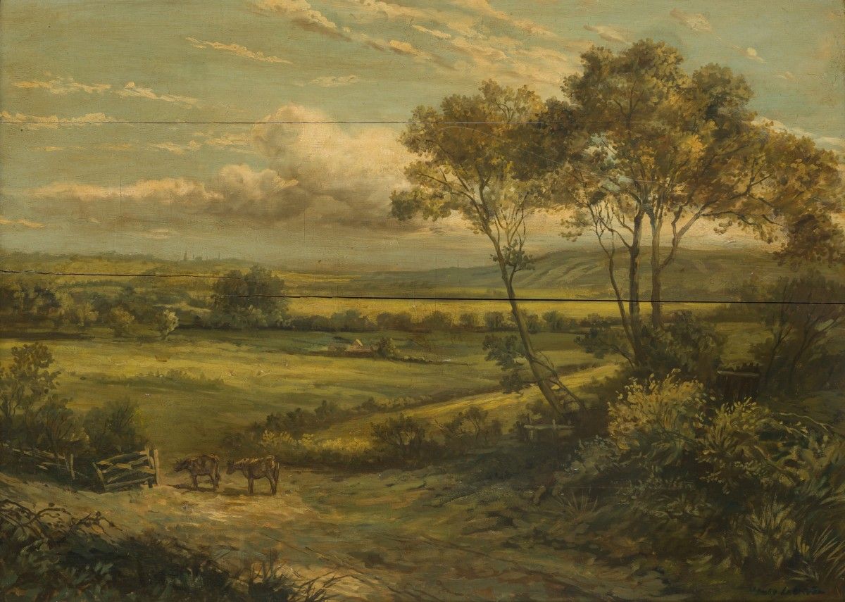 Flemmish School, 19th C. Cattle in a hilly landscape. 隐约有签名（右下），油画板。尺寸：54 x 72厘米&hellip;