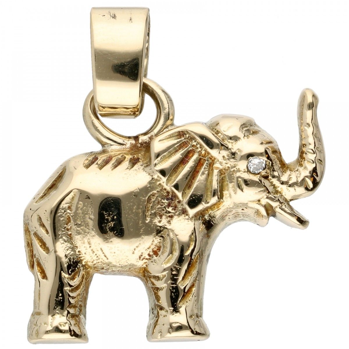 14K. Yellow gold pendant in the shape of an elephant. Occhio incastonato con un &hellip;