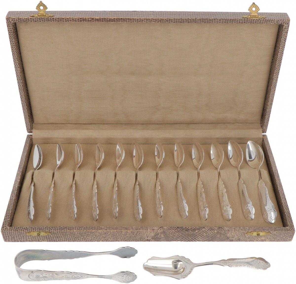 (14) piece set of teaspoons with sugar scoop and sugar tongs, silver-plated. Ado&hellip;