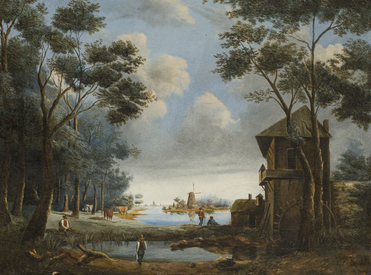 Attributed to J.F. Spohler. Figures on the waterfront by a watermill. Signée (en&hellip;