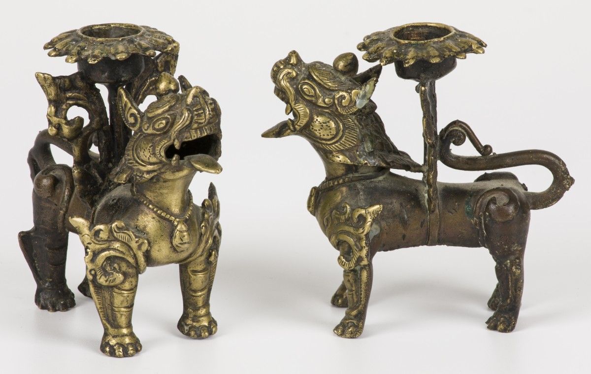 A set of (2) brass Foo dogs/Chinese lions, temple guards, candlestick holders, C&hellip;