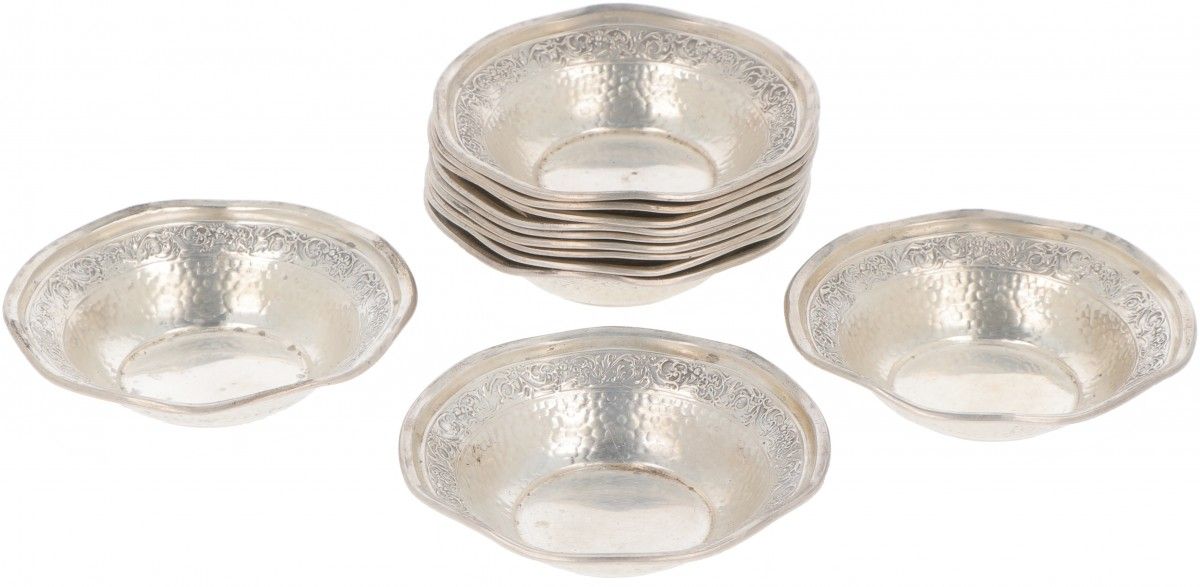 (12) piece set of chocolate bowls silver. Adorned with chased and partly hammere&hellip;