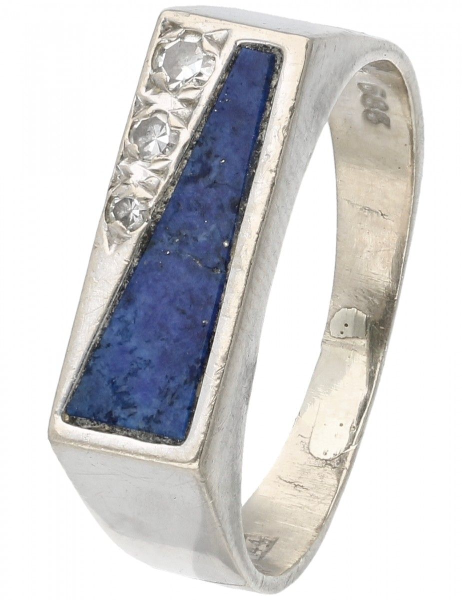 14K. White gold ring set with approx. 0.06 ct. Diamond and lapis lazuli. 3颗单颗切割钻&hellip;