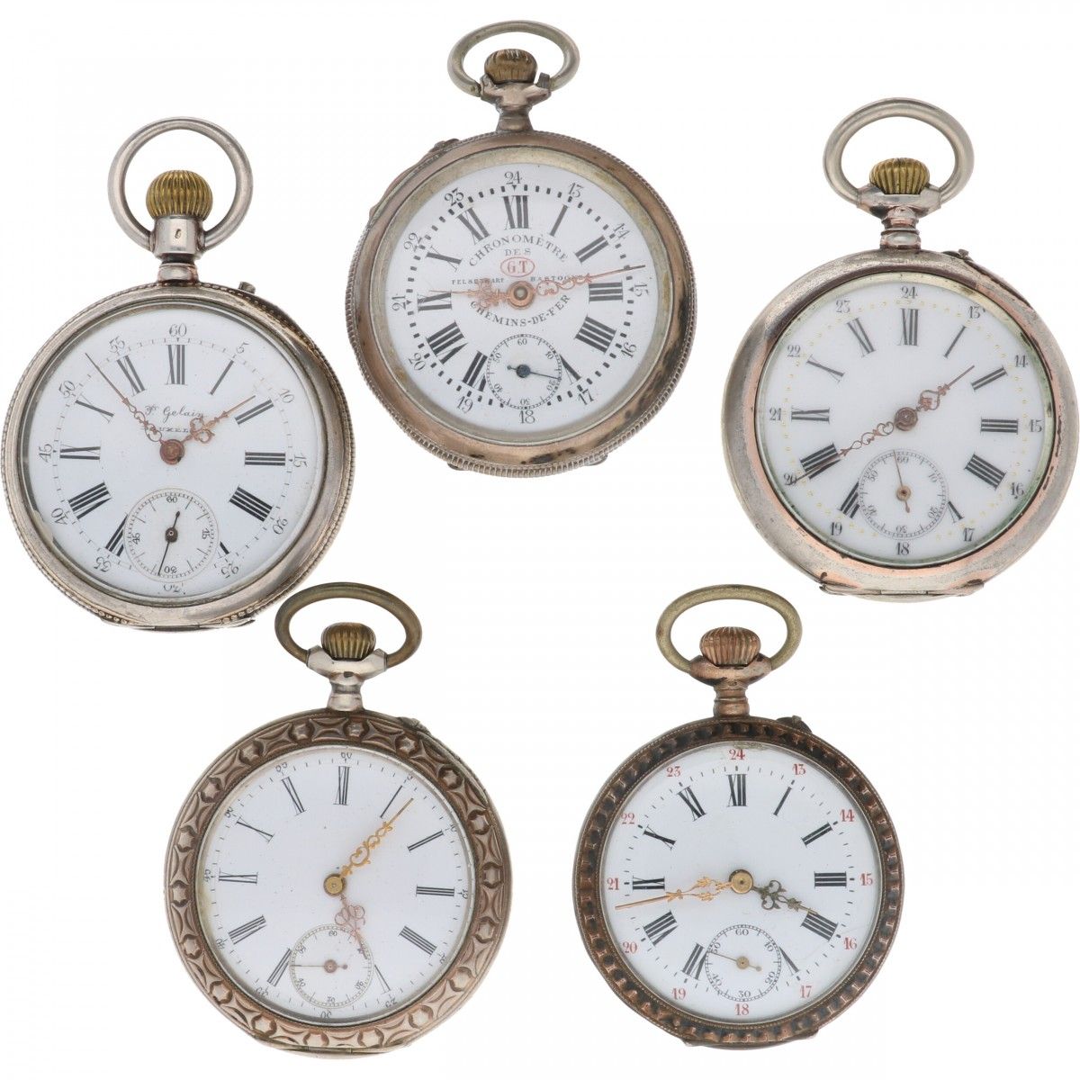 Lot (5) Pocket Watches - Silver Lot of 5 men's pocket watches, movements are in &hellip;