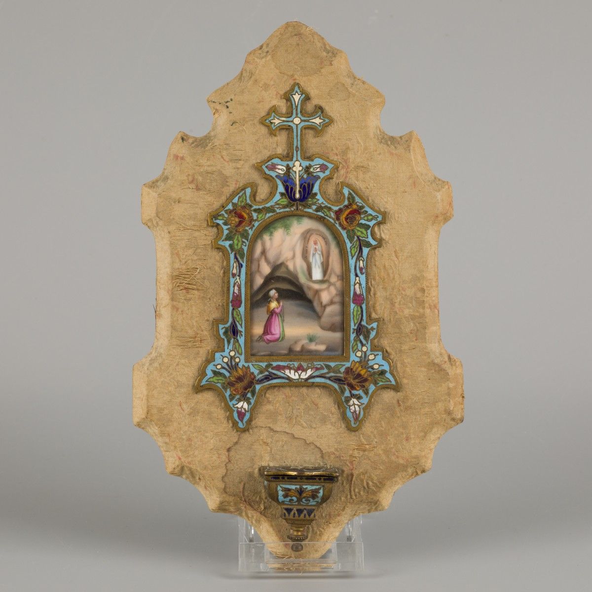 A wall mounted papier mâché holy water font with cloisonné and handpainted plaqu&hellip;
