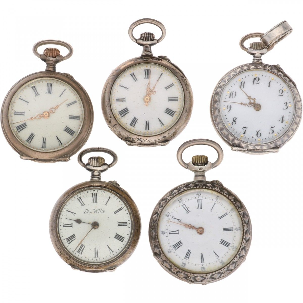 Lot (5) Pocket Watches - Silver Lot de 5 montres de poche pour dames, les mouvem&hellip;