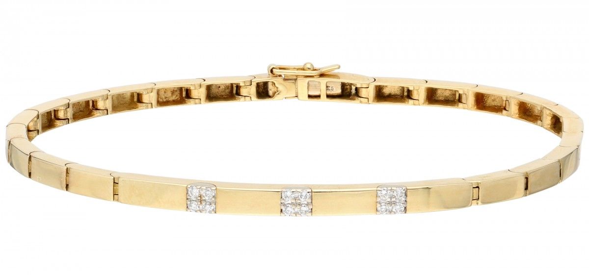 14K. Yellow gold link bracelet set with approx. 0.06 ct. Diamond. 配有安全夹。12颗明亮式切割&hellip;
