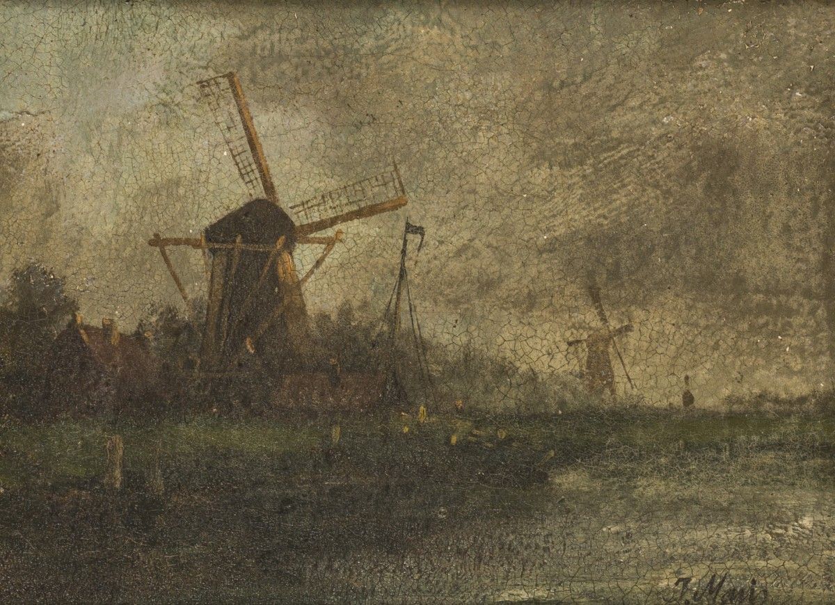 Dutch School, 20th C.. A windmill in a river landscape.. Con firma "J. Maris" (i&hellip;