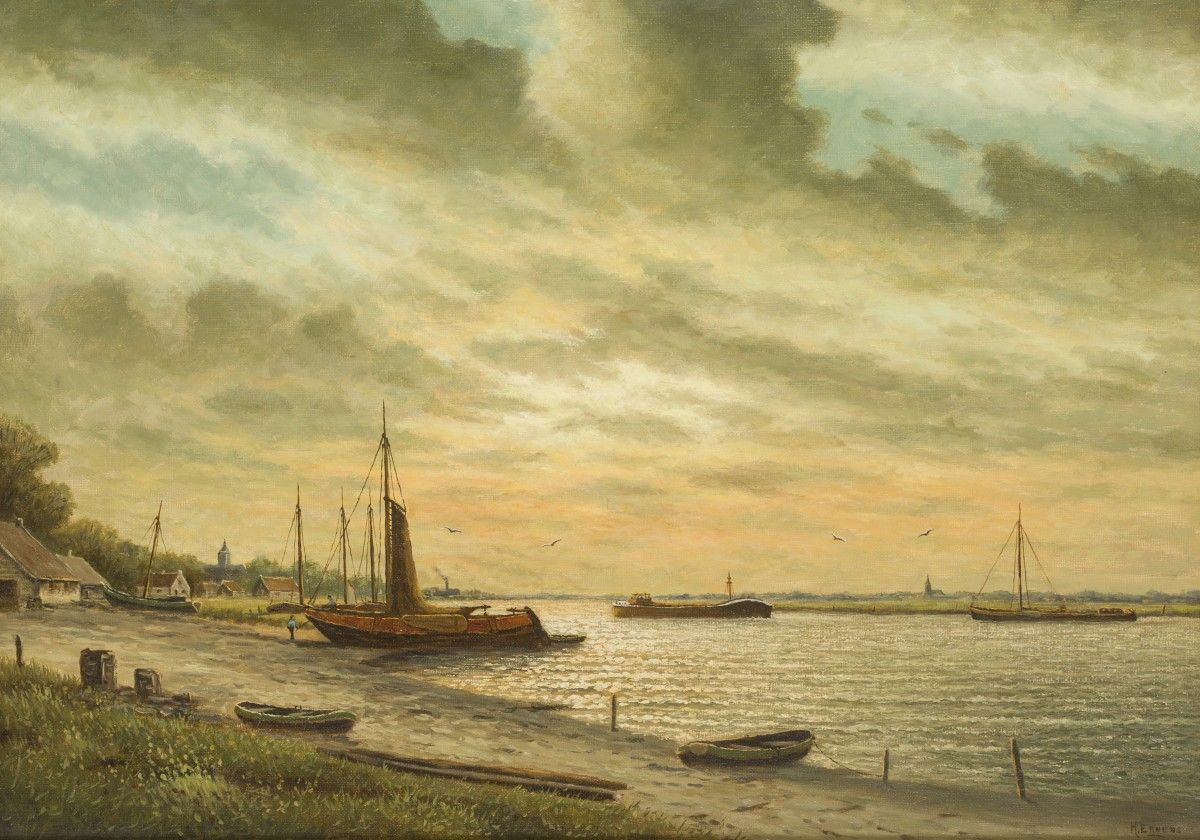 G.J. Ernens (B. 1935 - ?), View on the river Waal (?), Holland. Signée (en bas à&hellip;
