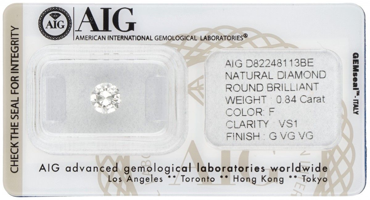 AIG Certified Brilliant Cut Natural Diamond 0.84 ct. 重量：0.84克拉。(6.28 - 6.37 x 3.&hellip;