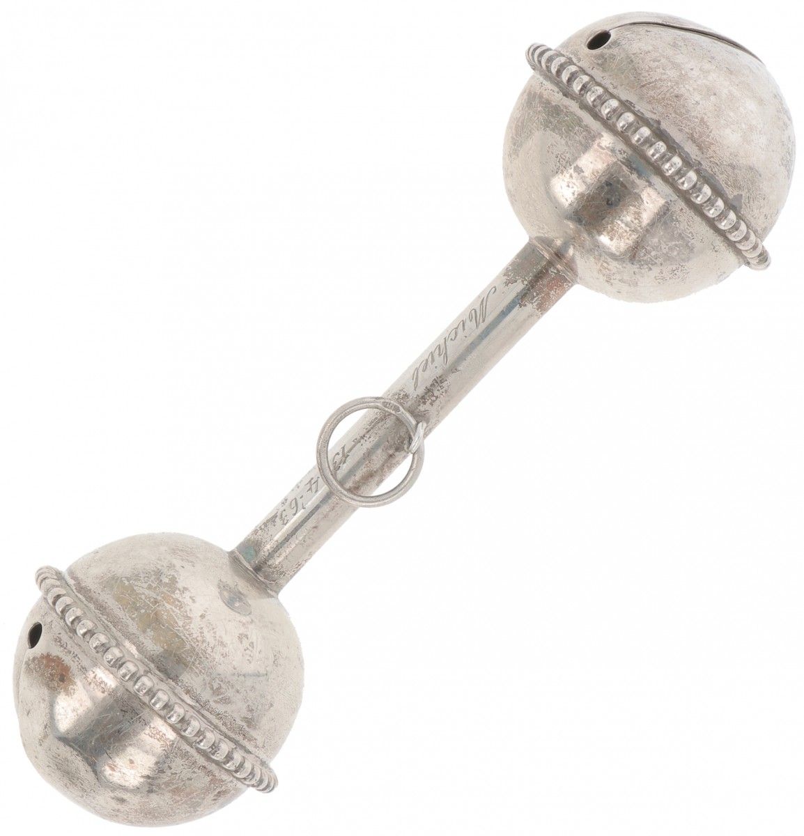 Rattle silver. Large model with 2 spheres decorated with pearl rims. Netherlands&hellip;